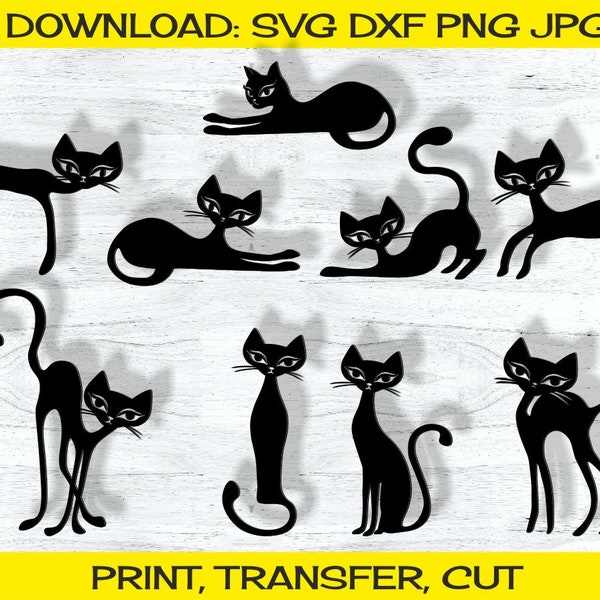 Paquete de gatos de mediados de siglo Elementos MCM Svg Png Dxf Jpg Archivos DIY, Decoración moderna de mediados de siglo, Era atómica, Imágenes prediseñadas de gráficos digitales vectoriales