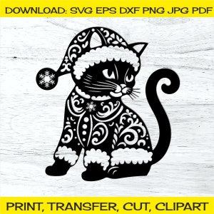 Cat - Santa's Helper, Clipart and Papercraft, Christmas Party, Vinyl, Plywood, Acrylic, Fabric Cut/Print/Transfer Svg Dxf Png Eps Pdf File