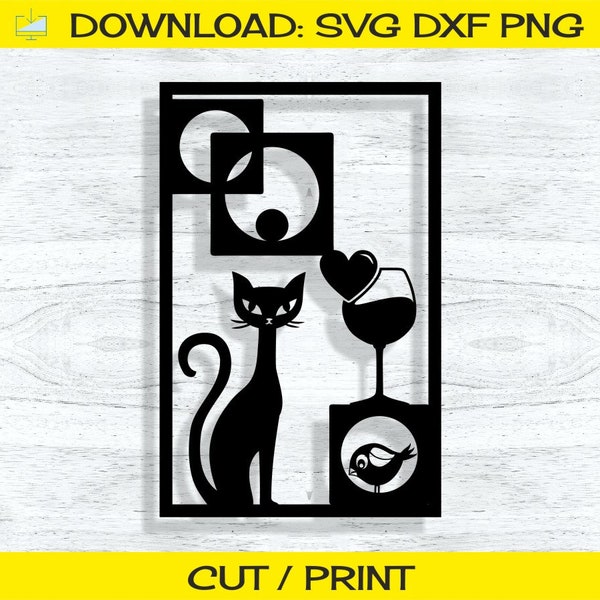 MCM Svg Dxf Files Atomic Cat, Wine and Bird, Dining Room Decor Sign, Bar Wall Art Panel Cut, Mid-Century Modern Laser Cutting / Printing