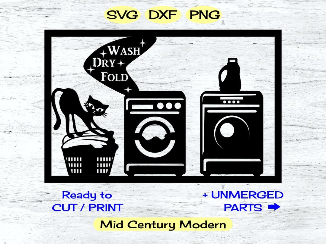 MCM Svg Dxf Files Laundry and Cat, Laundromat Decor, Wall Art Panel