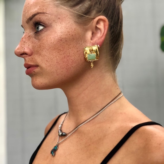Vintage Givenchy Gold & Green Stone Clip On Earrin