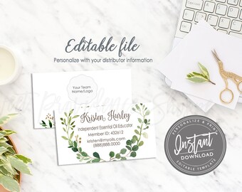 May include: Editable business card template with a green leafy wreath design. The text reads "Kristen Hurley, Independent Essential Oil Educator, Member ID: 432612, kristen@myoils.com, (888)888.0000".