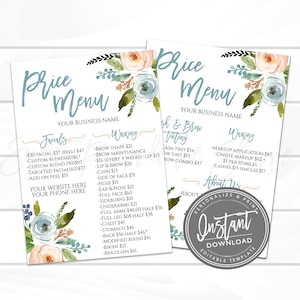 Editable Price Menu Template, Salon Price List, Printable Price Guide DIY Pricing List, Editable Price Chart ANY business, Instant Access