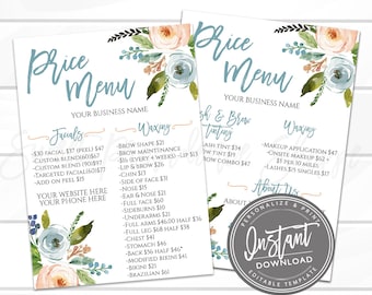 Editable Price Menu Template, Salon Price List, Printable Price Guide DIY Pricing List, Editable Price Chart ANY business, Instant Access