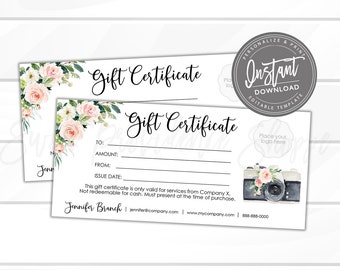 Editable Gift Certificate, Photography Printable Gift Certificate, Photography Gift Card Template, Add your Logo, Instant Access- Edit Now