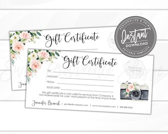 Certificado de regalo editable, certificado de regalo imprimible para fotografía, plantilla de tarjeta de regalo para fotografía, agregue su logotipo, acceso instantáneo: editar ahora