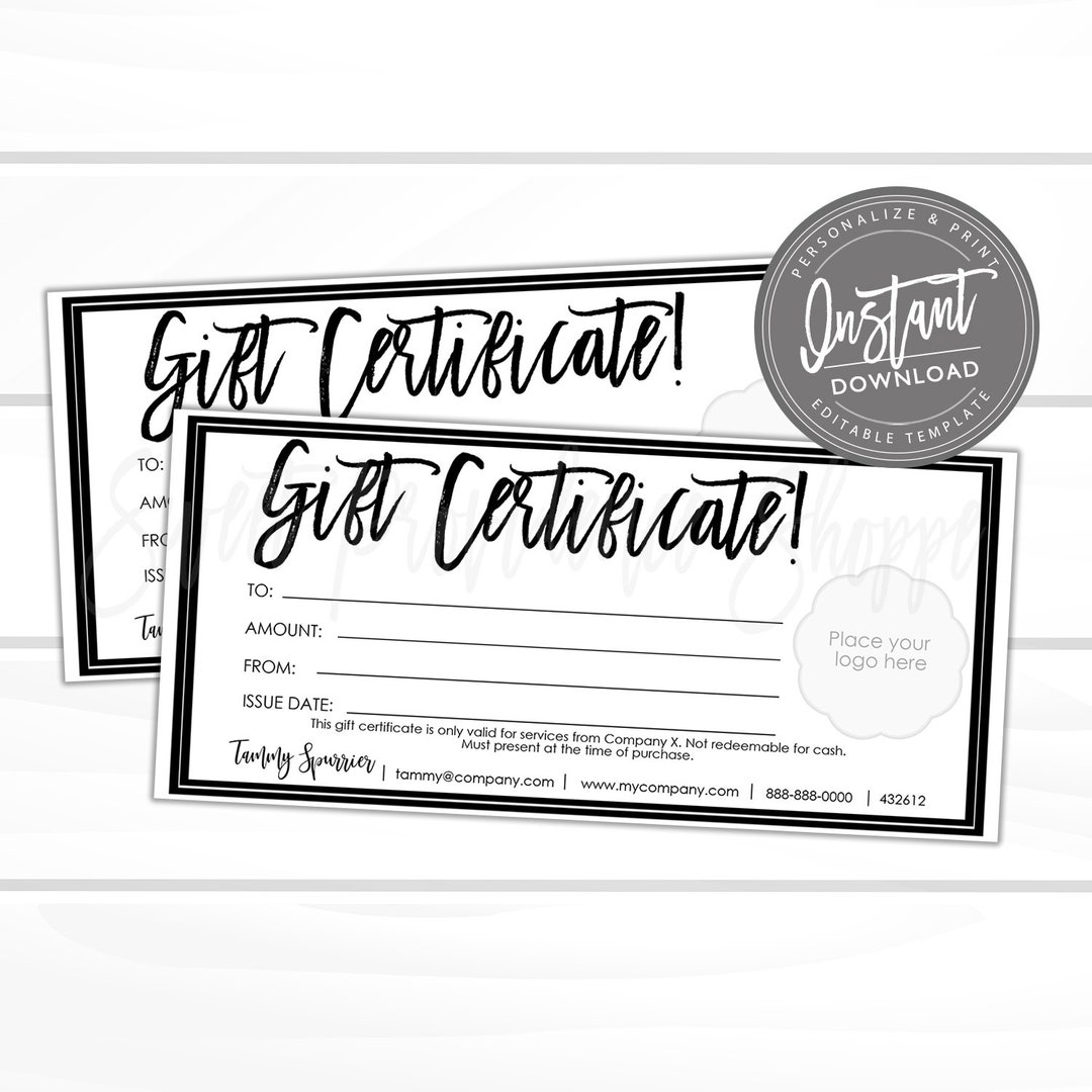 Editable gift certificate printable gift card add your logo diy gift