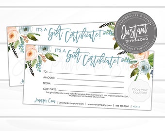 Editable Gift Certificate, Blue Peach Floral Printable Gift Voucher, Editable Gift Certificate Template, Editable Voucher, Instant Access