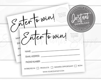 Raffle ticket template, Enter to win giveaway, Business template door prize entry form, Modern Printable DIY Personalized Instant Access