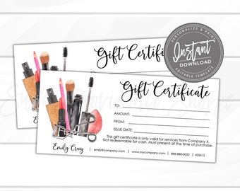 Editable Gift Certificate, Printable Makeup Gift Card, DIY Gift Certificate, Editable Gift Voucher Template, Instant Access Edit Now