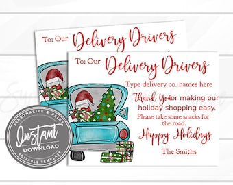 Bearbeitbares Lieferungs-Fahrer-Dankes-Zeichen, personalisiertes Lieferungs-Fahrer-Leckerei-Zeichen, Weihnachtsfeiertag-Dankeschön, sofortiger Download