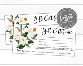 Editable Gift Certificate, Magnolia Floral Printable Gift Voucher, Editable Gold Gift Certificate Template, Editable Voucher, Instant Access