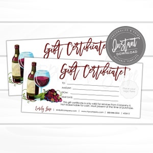 Certificat-cadeau de vin modifiable, bon-cadeau imprimable de vacances, modèle de cadeau de vin de vacances modifiable, bon, accès instantané - modifier maintenant