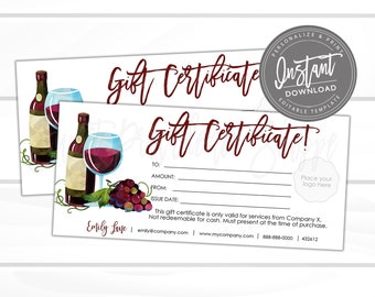 Editable Wine Gift Certificate, Holiday Printable Gift Voucher, Editable Holiday Wine Gift Template, Voucher, Instant Access- Edit now