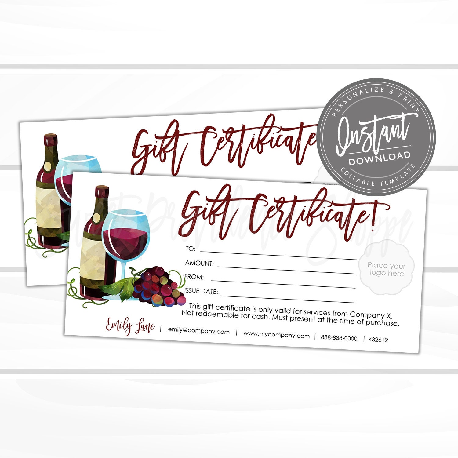 Editable Wine Gift Certificate, Holiday Printable Gift Voucher