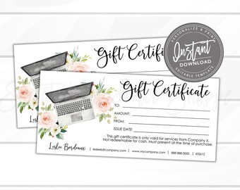 Editable Gift Certificate, Pink Floral Tech Printable Gift Voucher, Editable Gift Certificate Template, Editable Voucher, Instant Access