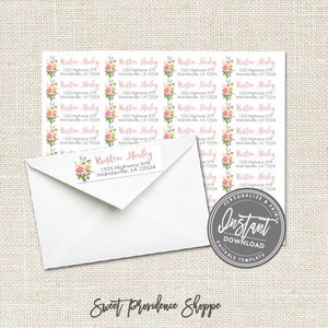 Étiquette d&#39;adresse florale rose, étiquette d&#39;adresse de distributeur de bricolage, étiquette d&#39;adresse de mariage, documents de marketing imprimables, EDIT NOW - accès instantané