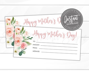 MOTHER'S DAY Gift Certificate, Printable Gift Coupon Mom Grandma, Idea for Her, Flowers Gift Card Spa Massage Facial Editable Instant Access