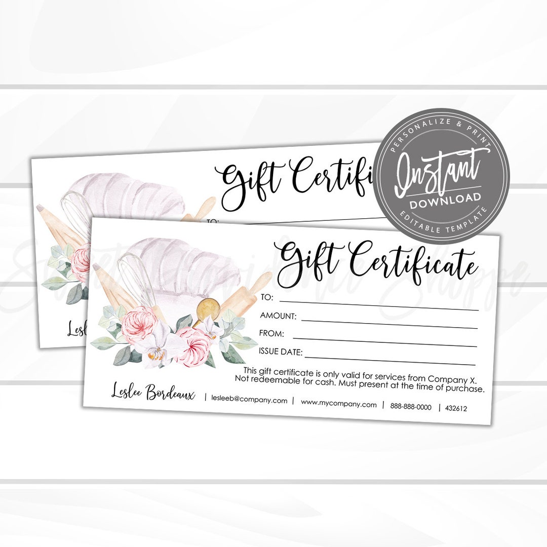 Editable Gift Certificate, Cooking Class Bakery Printable Gift ...