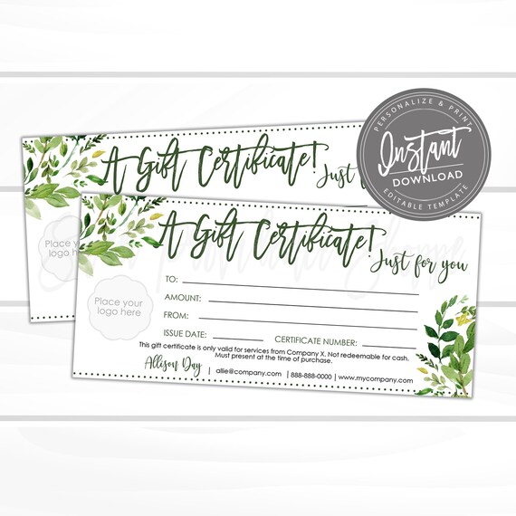 Editable Gift Certificate Greenery Printable Gift Voucher Etsy