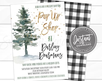 May include: Invitation to a holiday pop-up shop at Darling Dearmans. The invitation features a watercolor painting of a green pine tree with gold glitter accents. The text reads "Join us for a holiday shopping Pop Up Shop at Darling Dearmans. Shop local hand painted art & holiday gifts Saturday, December 16th from 5:00-7:00 PM 2530 Antique Alley West Monroe, Louisiana 71204 Enjoy drinks & snacks, raffle giveaways & exclusive discounts."