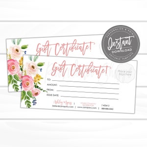 Editable Gift Certificate, Printable Floral Gift Voucher, Editable Gift Certificate Template, Editable Voucher, Instant Access- Edit Now