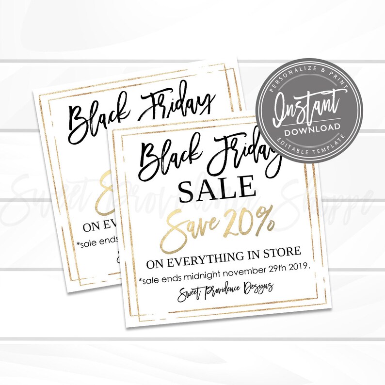 K&ouml;nnte beinhalten: Schwarzes Freitag-Verkaufszeichen mit goldenen Glitzerakzenten. Das Schild lautet "Black Friday Sale Save 20% on everything in store. *Sale ends midnight November 29th 2019. Sweet Providence Designs"