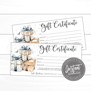 Certificado de regalo editable, vale de regalo imprimible para vacaciones, plantilla de certificado de regalo navideña editable, vale, descarga instantánea