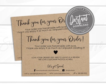 EDITABLE Thank You for your Order template, Printable Personalized Small Business Rustic Kraft Order inserts, Package insert, Instant Access