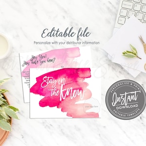 May include: Editable template for a pink and white watercolor business card with the text "Stay in the know" and a space for a logo. The card also includes the text "Personalize & Print Instant Download Editable Template".
