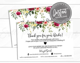 EDITABLE Thank You for your Order template, Printable Personalized Small Business Thank You Order inserts, Package inserts, Instant Access