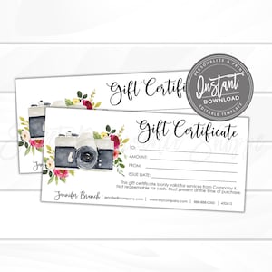 Editable Gift Certificate, Photography Printable Gift Certificate, Photography Gift Card Template, Add your Logo, Instant Access- Edit Now