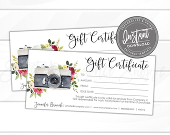 Certificado de regalo editable, certificado de regalo imprimible para fotografía, plantilla de tarjeta de regalo para fotografía, agregue su logotipo, acceso instantáneo: editar ahora