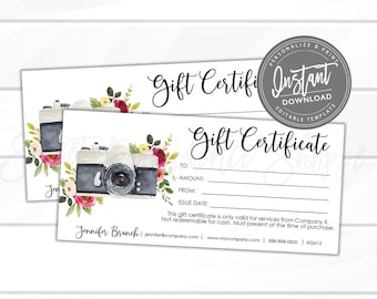 Editable Gift Certificate, Photography Printable Gift Certificate, Photography Gift Card Template, Add your Logo, Instant Access- Edit Now