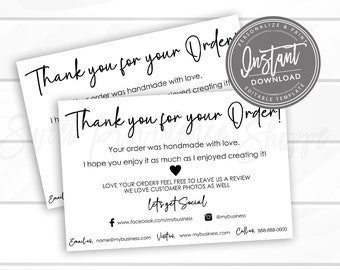 EDITABLE Thank You for your Order template, Printable Personalized Small Business Thank You Order inserts, Package inserts, Instant Access