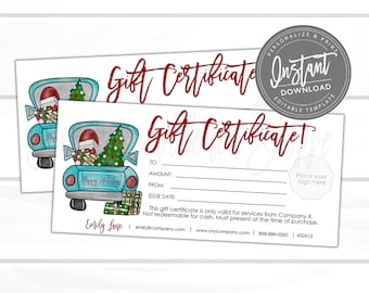 Editable Christmas Gift Certificate, Holiday Printable Gift Voucher, Editable Holiday Truck Gift Template, Voucher, Instant Access- Edit now