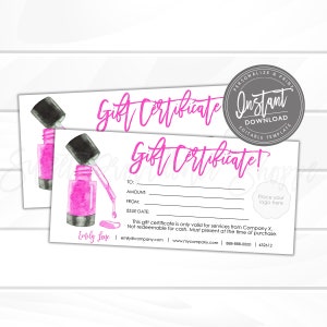 Certificat-cadeau modifiable, carte-cadeau de vernis à ongles imprimable, certificat-cadeau de bricolage, modèle de bon-cadeau modifiable, accès instantané Modifier maintenant
