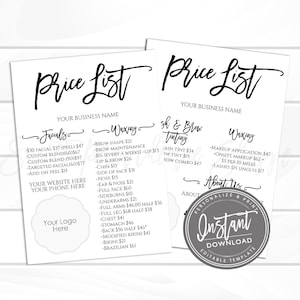 Editable Price Menu Template, Salon Price List, Printable Price Guide DIY Pricing List, Editable Price Chart ANY business, Instant Access