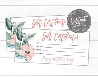 MOTHER'S DAY Gift Certificate, Printable Gift Coupon Mom Grandma, Idea for Her, Flowers Gift Card Spa Massage Facial Editable Instant Access