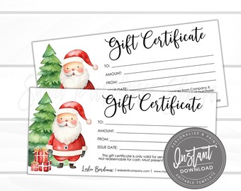 Certificado de regalo editable, vale de regalo imprimible para vacaciones, plantilla de certificado de regalo navideña editable, vale, descarga instantánea