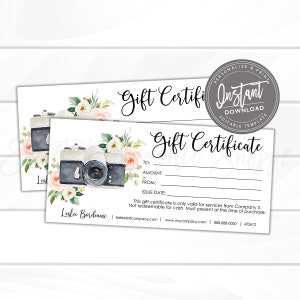 Bearbeitbarer Geschenkgutschein, Fotografie druckbarer Geschenkgutschein, Fotografie-Geschenkkartenvorlage, fügen Sie Ihr Logo hinzu, Sofortiger Zugriff - Jetzt bearbeiten