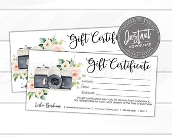 Bewerkbare cadeaubon, afdrukbare cadeaubon voor fotografie, sjabloon voor fotografiecadeaukaarten, voeg uw logo toe, directe toegang - nu bewerken