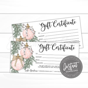 Editable Gift Certificate, Holiday Ornament Printable Gift Voucher, Editable Christmas Gift Certificate Template, Voucher, Instant Download