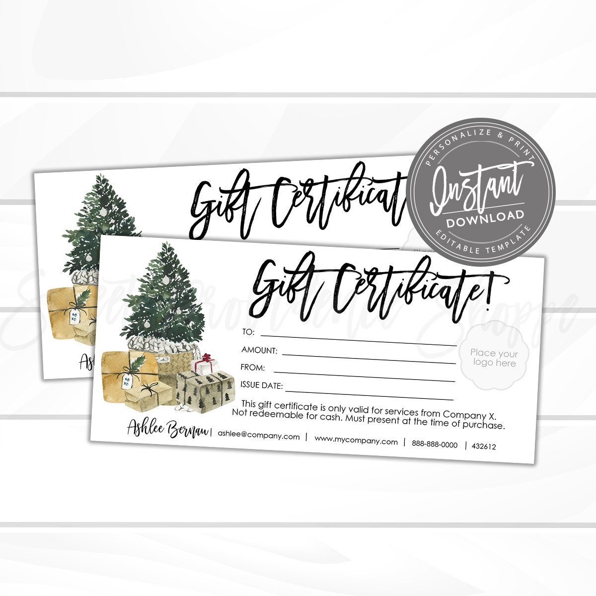 Editable Gift Certificate, Holiday Printable Gift Voucher, Editable Christmas Holiday Gift Certificate Template, Voucher, Instant Download
