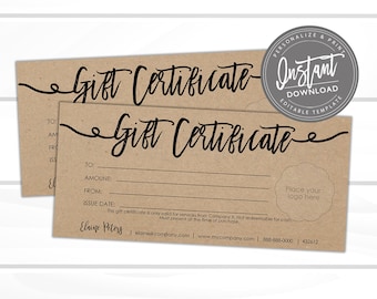 Editable Gift Certificate, Printable Kraft Gift Card ADD your LOGO, DIY Gift Certificate, Gift Voucher Template, Edit Now - Instant Access