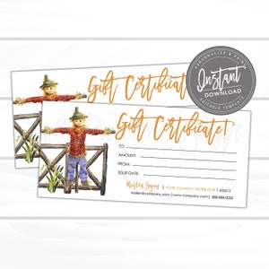 Editable Gift Certificate, Fall Printable Gift Voucher, Editable Scarecrow Gift Certificate Template, Voucher, Instant Download