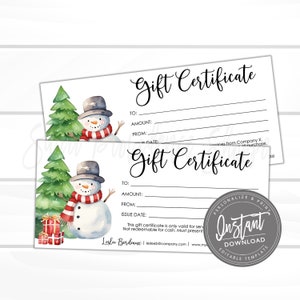 Certificado de regalo editable, vale de regalo imprimible para vacaciones, plantilla de certificado de regalo navideña editable, vale, descarga instantánea