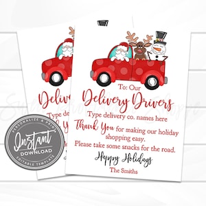 Bearbeitbares Lieferungs-Fahrer-Dankes-Zeichen, personalisiertes Lieferungs-Fahrer-Leckerei-Zeichen, Weihnachtsfeiertags-Dankeschön, Sofortiger Download Jetzt bearbeiten