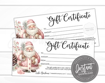 Certificado de regalo editable, vale de regalo imprimible para vacaciones, plantilla de certificado de regalo navideña editable, vale, descarga instantánea