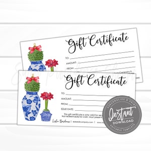 Editable Gift Certificate, Holiday Printable Gift Voucher, Editable Christmas Holiday Gift Certificate Template, Voucher, Instant Download